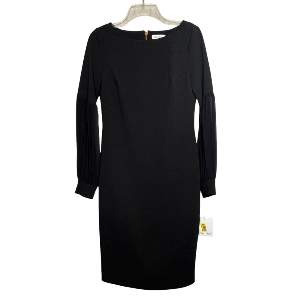 Calvin Klein Womens Size 6 Long Sleeve Sheath Dress Black Gold Zip LBD NWT